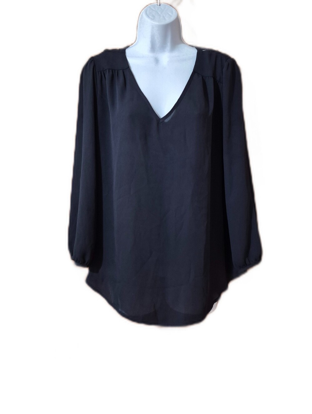 Skies Are Blue Women's Black V-Neck Long Sleeve Back Crisscross Silky Blouse EUC